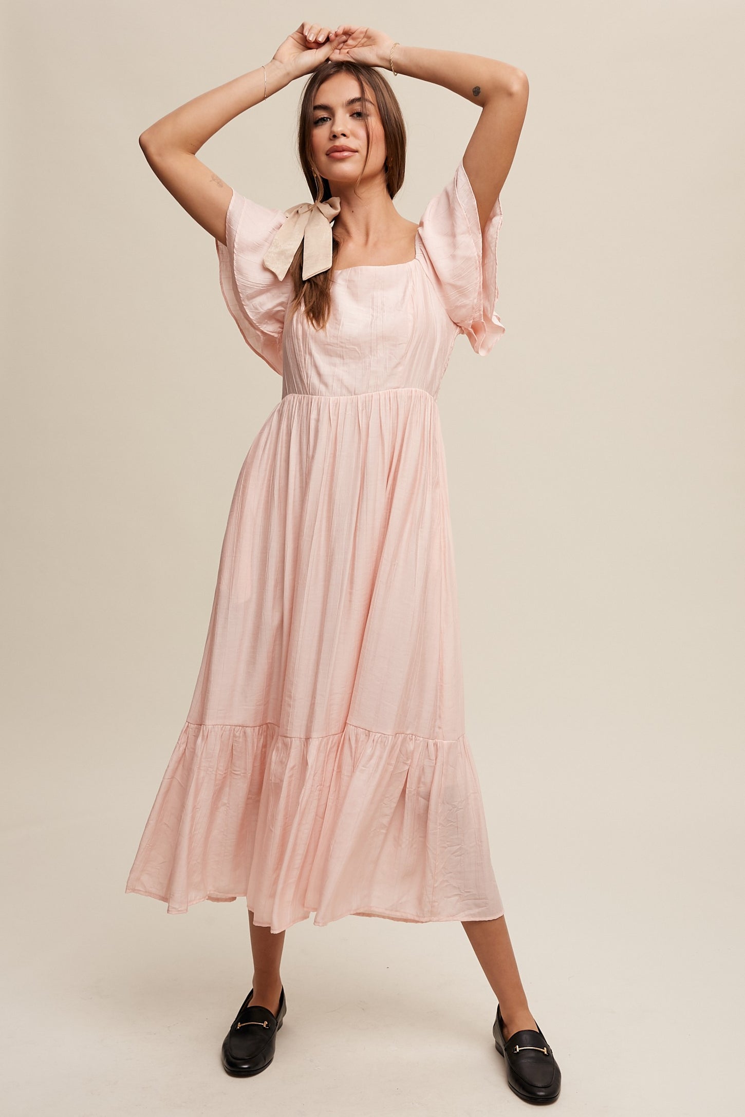 light pink midi dress with sleeves Cape Sleeve This long Light Pink Floral Print Cotton