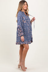 Navy Mixed Floral Tie Front Ruffle Accent Maternity Dress