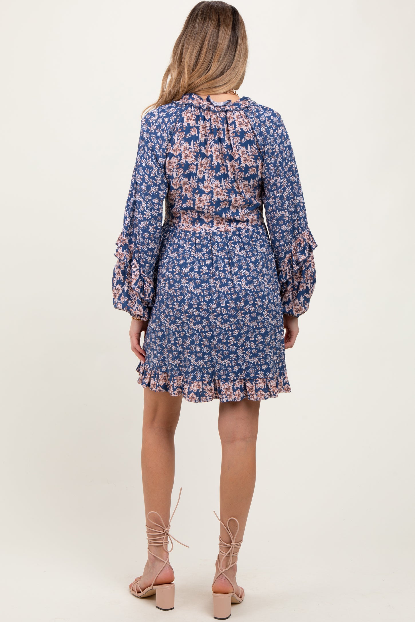 Navy Mixed Floral Tie Front Ruffle Accent Maternity Dress