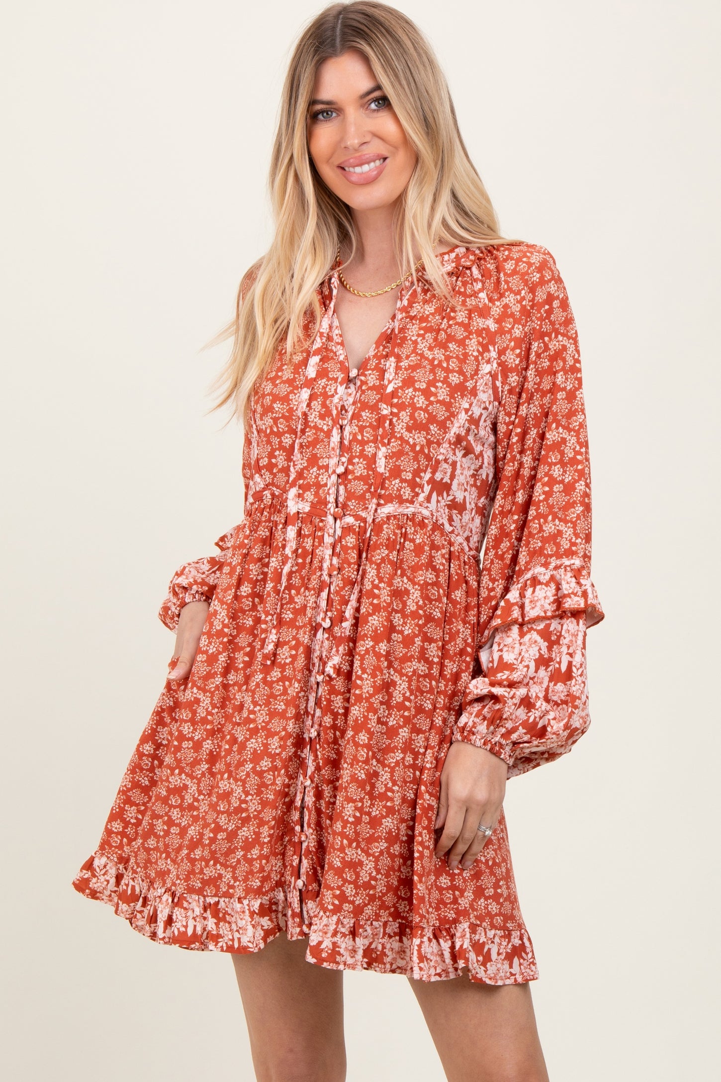 Rust Mixed Floral Tie Front Ruffle Accent Maternity Dress
