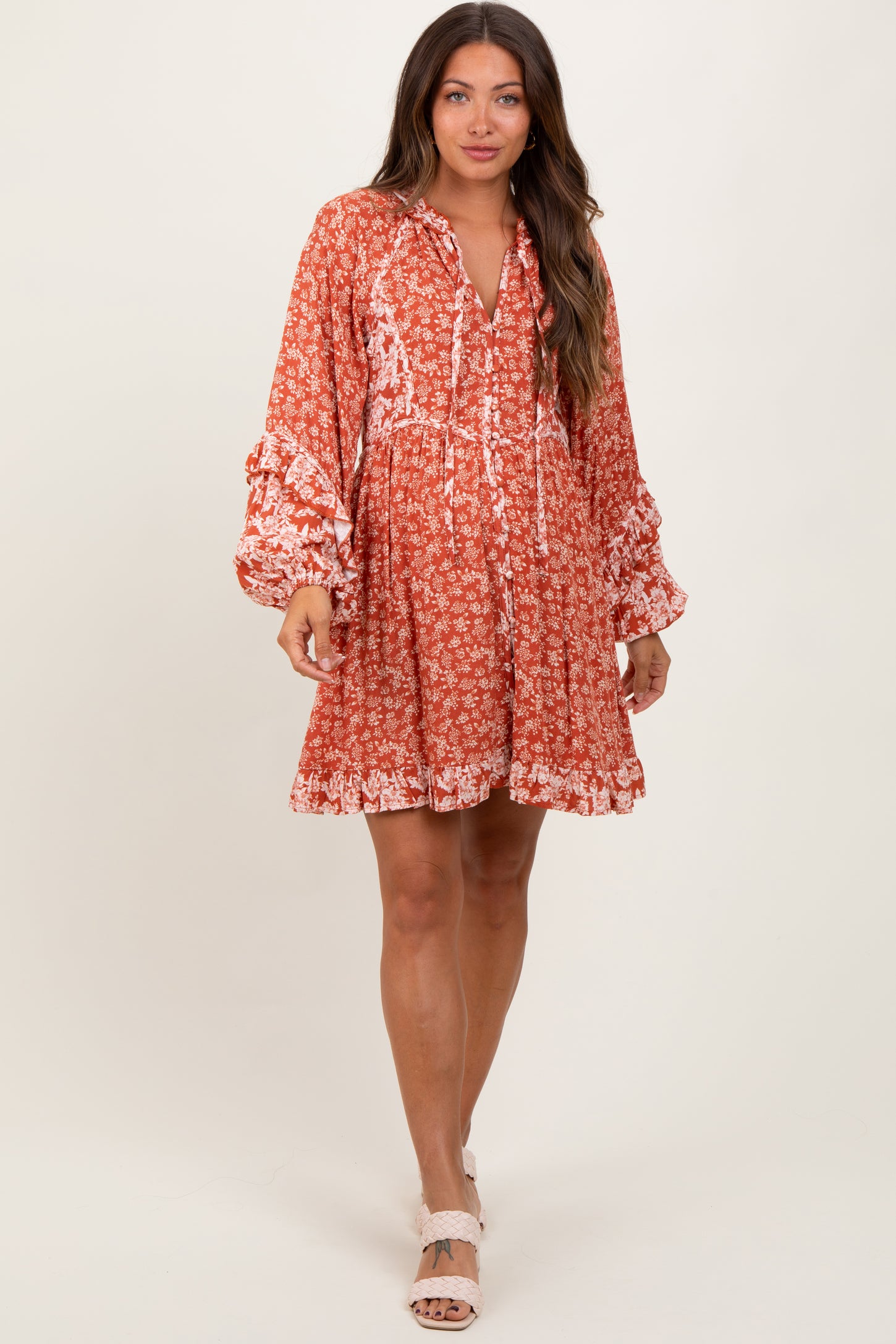 Rust Mixed Floral Tie Front Ruffle Accent Maternity Dress