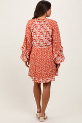 Rust Mixed Floral Tie Front Ruffle Accent Maternity Dress