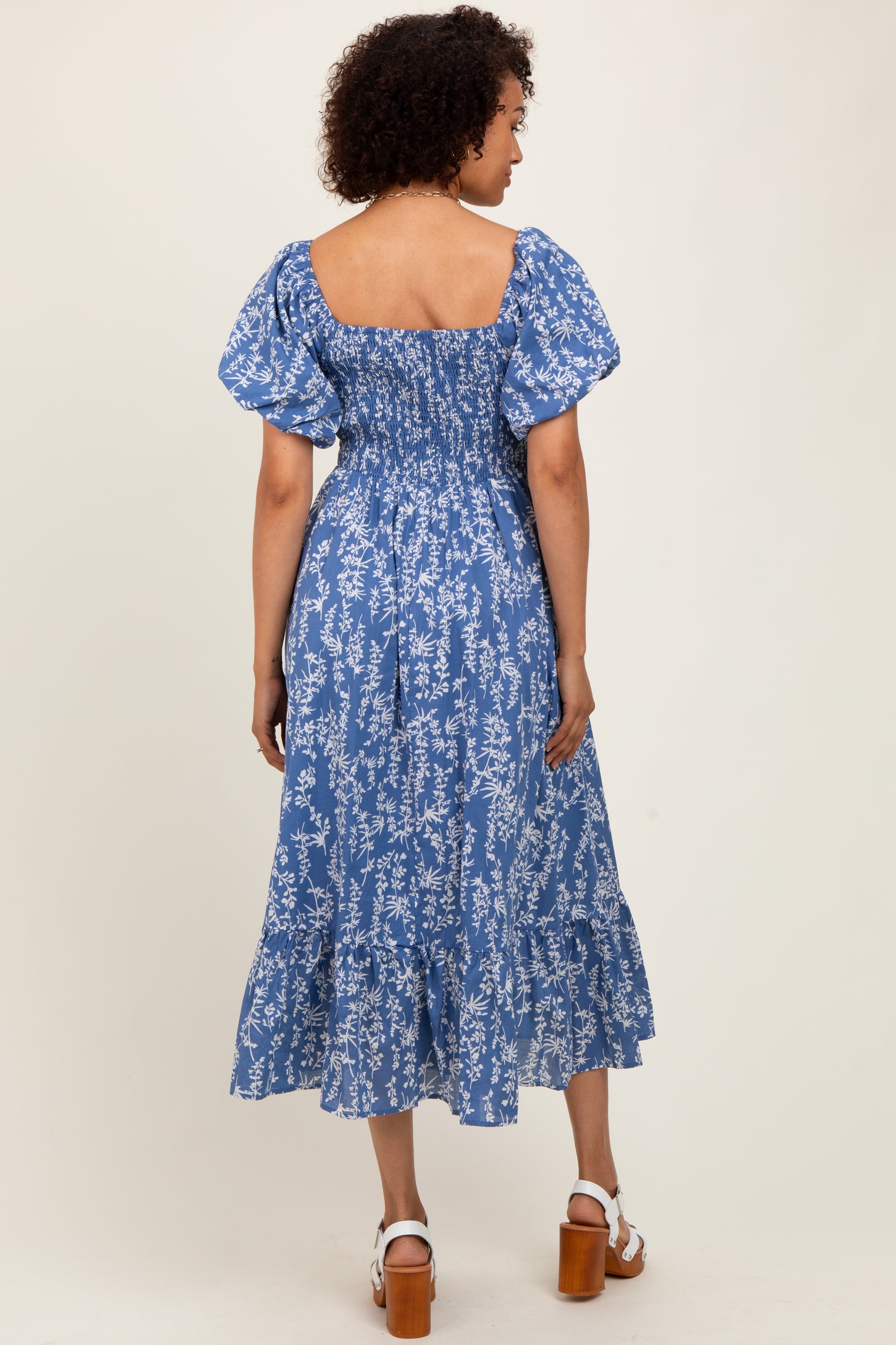 Blue Leaf Print Smocked Midi Dress – PinkBlush