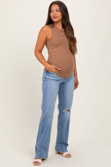 Light Blue Distressed Knee Slim Fit Wide Leg Maternity Jeans