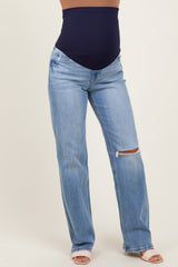 Light Blue Distressed Knee Slim Fit Wide Leg Maternity Jeans