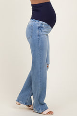 Light Blue Distressed Knee Slim Fit Wide Leg Maternity Jeans