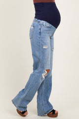 Light Blue Distressed Open Knee Straight Leg Maternity Jeans