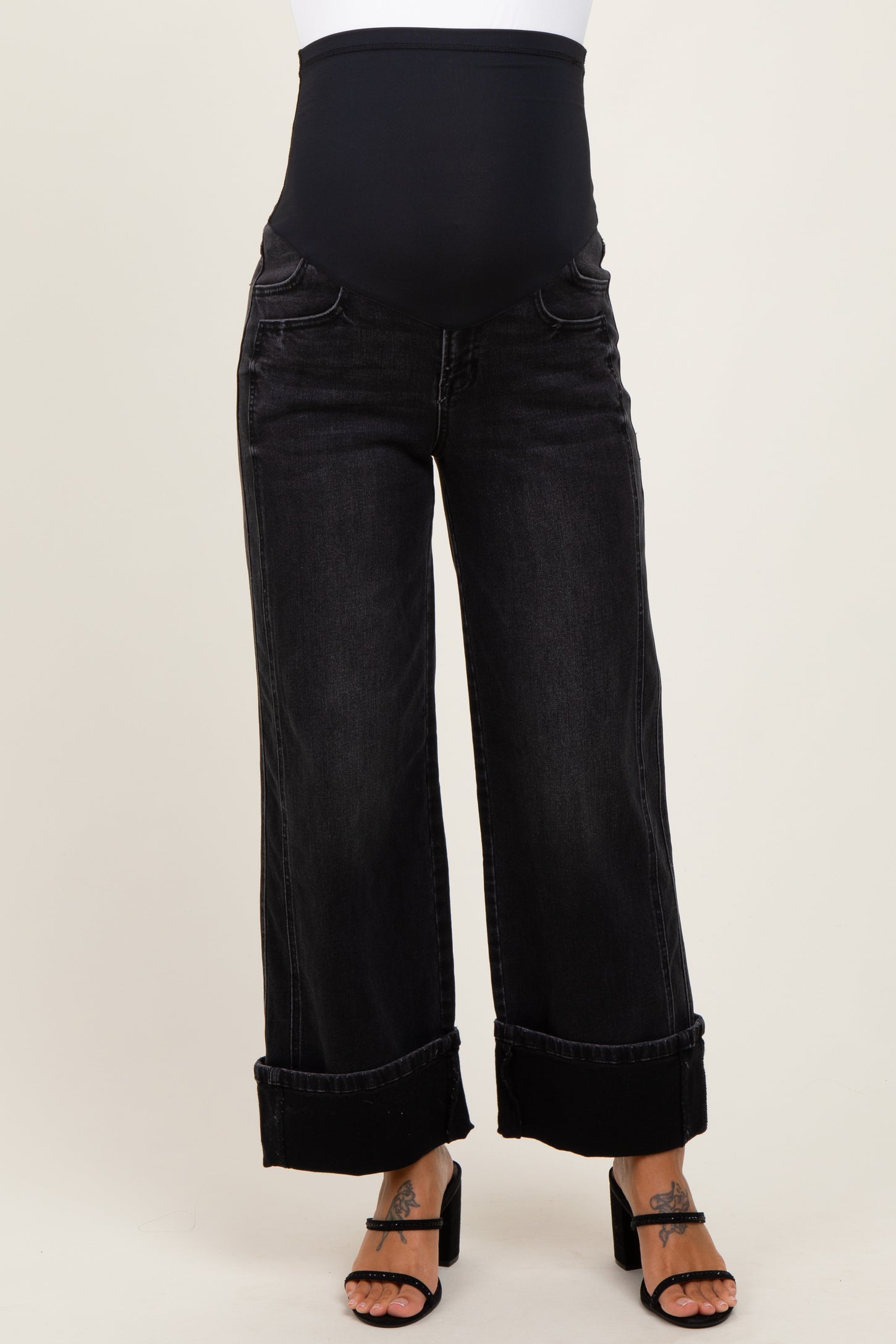 Black Cuffed Relaxed Wide Leg Maternity Jeans
