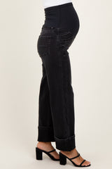 Black Cuffed Relaxed Wide Leg Maternity Jeans