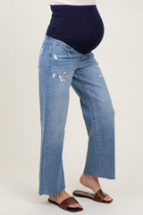 Blue Distressed Raw Hem Cropped Wide Leg Maternity Jeans