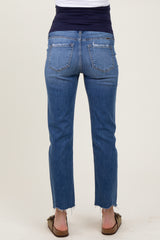 maternity wear woman wearing a pair of blue straight leg jeans with a frayed hem and a stretchy black waistband