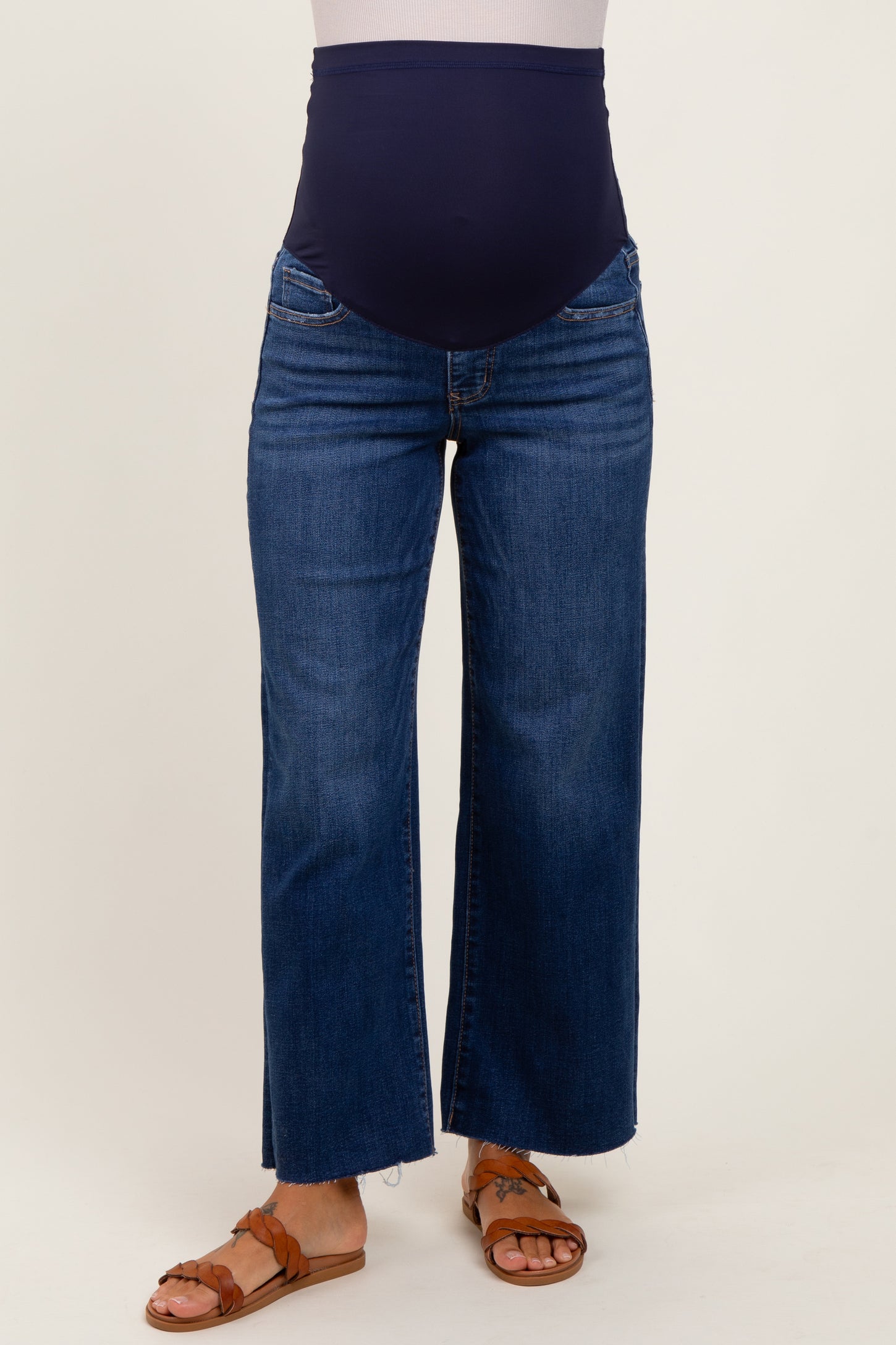 Navy Cut Hem Wide Leg Maternity Jeans