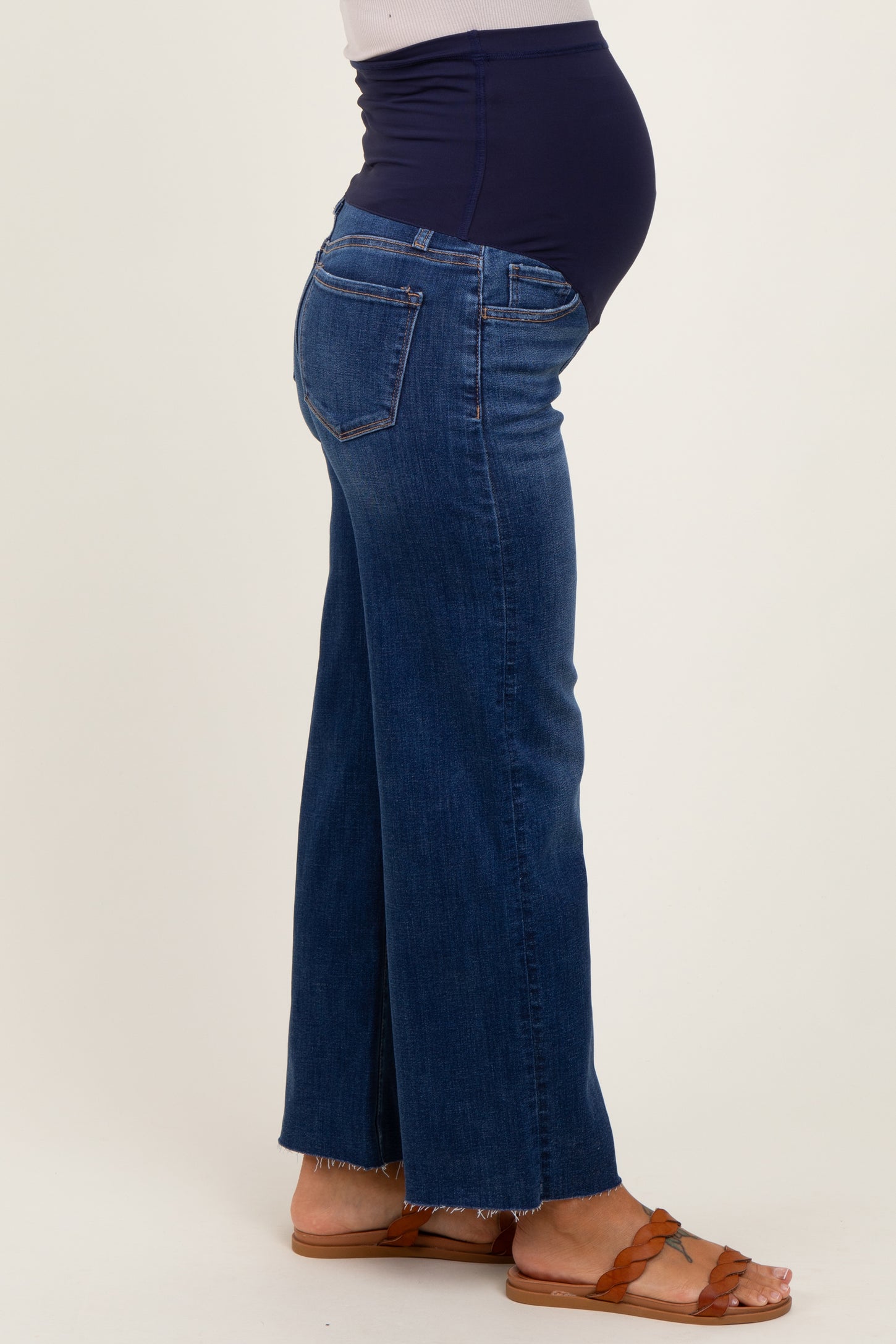 Navy Cut Hem Wide Leg Maternity Jeans