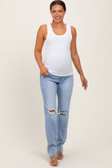 Light Blue Distressed Ripped Knee Straight Leg Maternity Jeans