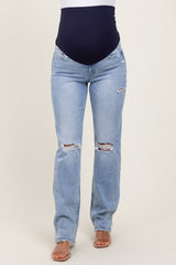 Light Blue Distressed Ripped Knee Straight Leg Maternity Jeans