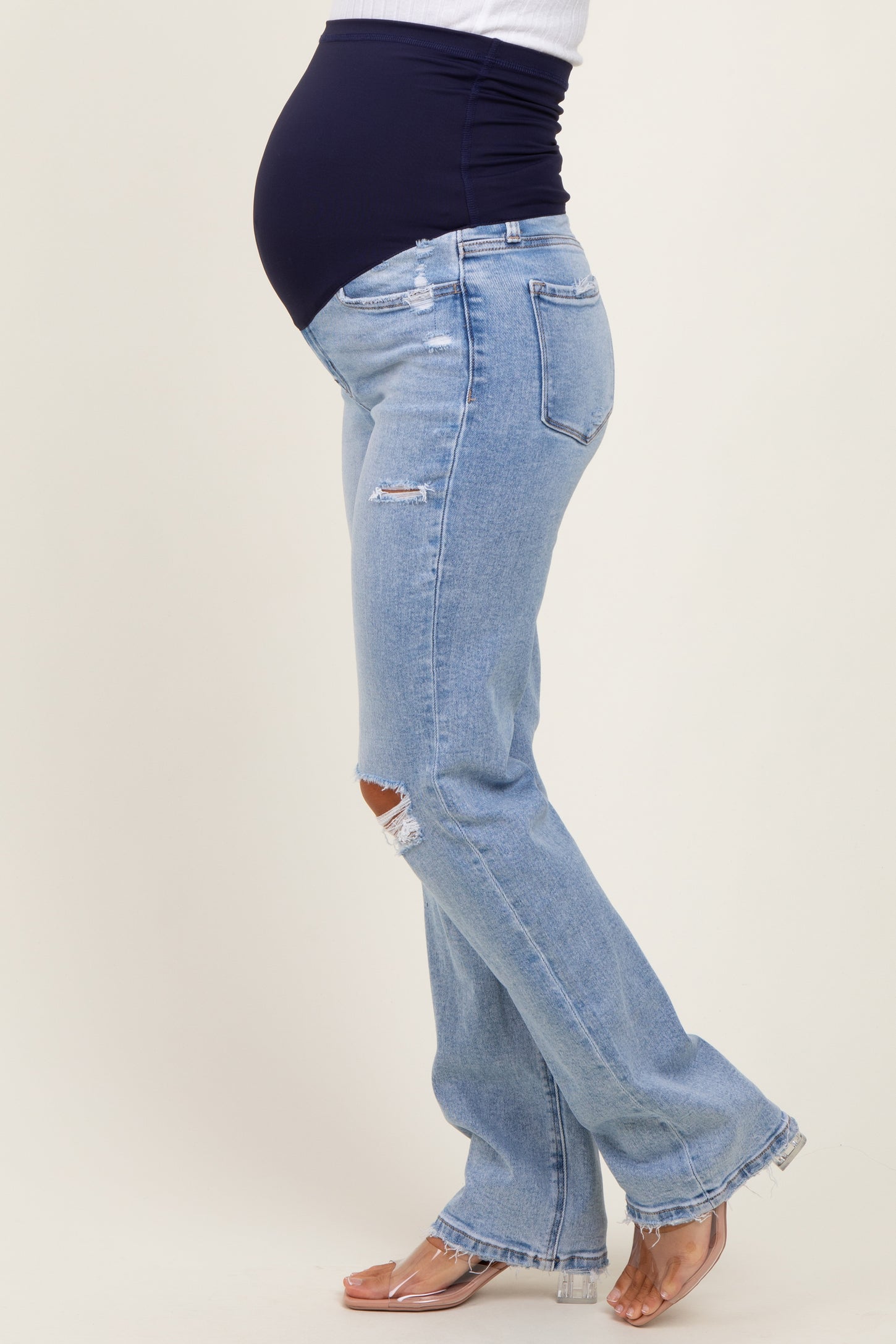 Light Blue Distressed Ripped Knee Straight Leg Maternity Jeans