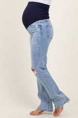 Light Blue Distressed Ripped Knee Straight Leg Maternity Jeans