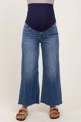 Blue Raw Hem Cropped Wide Leg Maternity Jeans