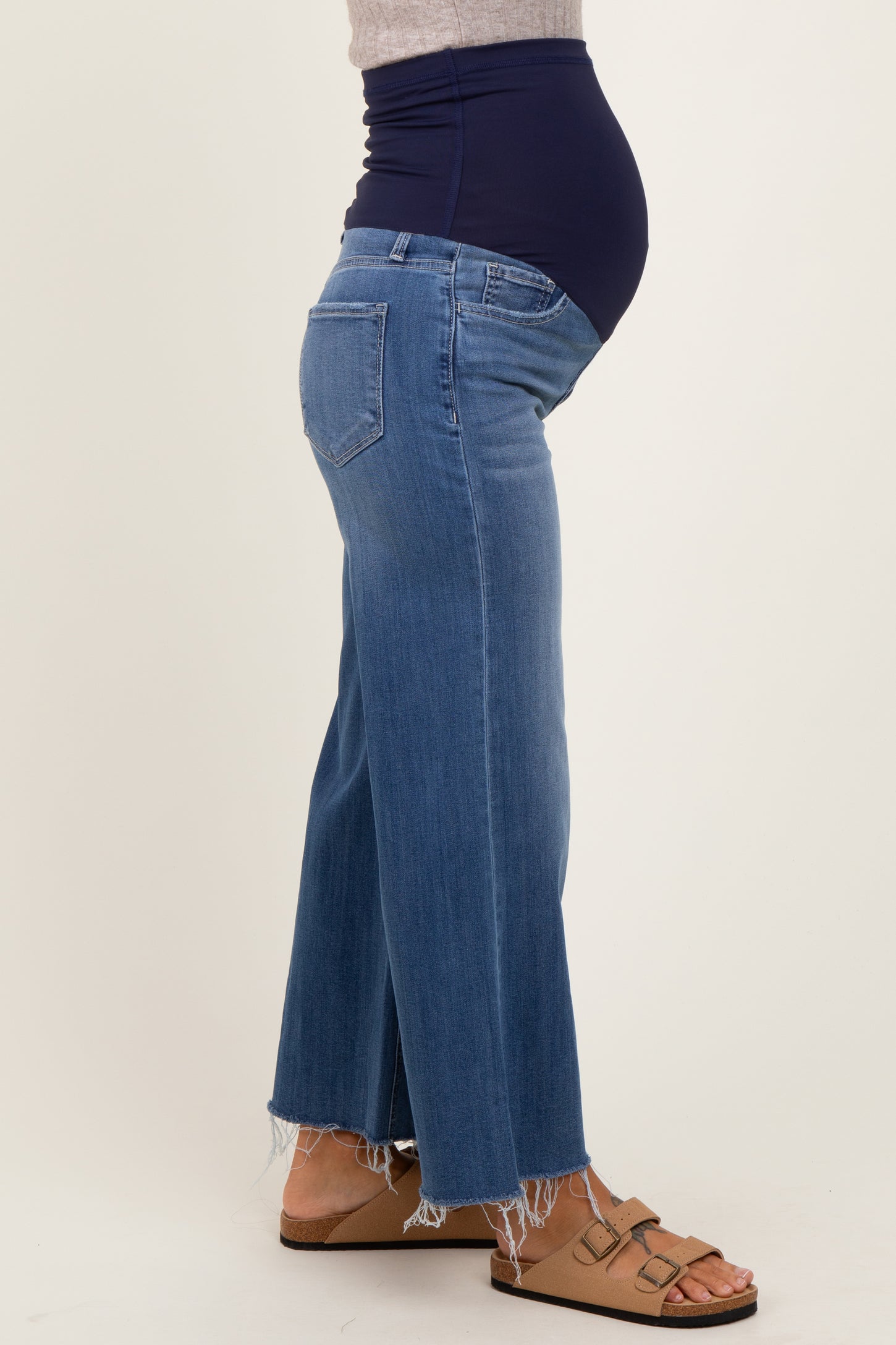 Blue Raw Hem Cropped Wide Leg Maternity Jeans
