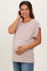 Mocha Stripe Ribbed Short Sleeve Maternity Tunic Top