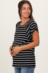Black Stripe Ribbed Short Sleeve Maternity Tunic Top