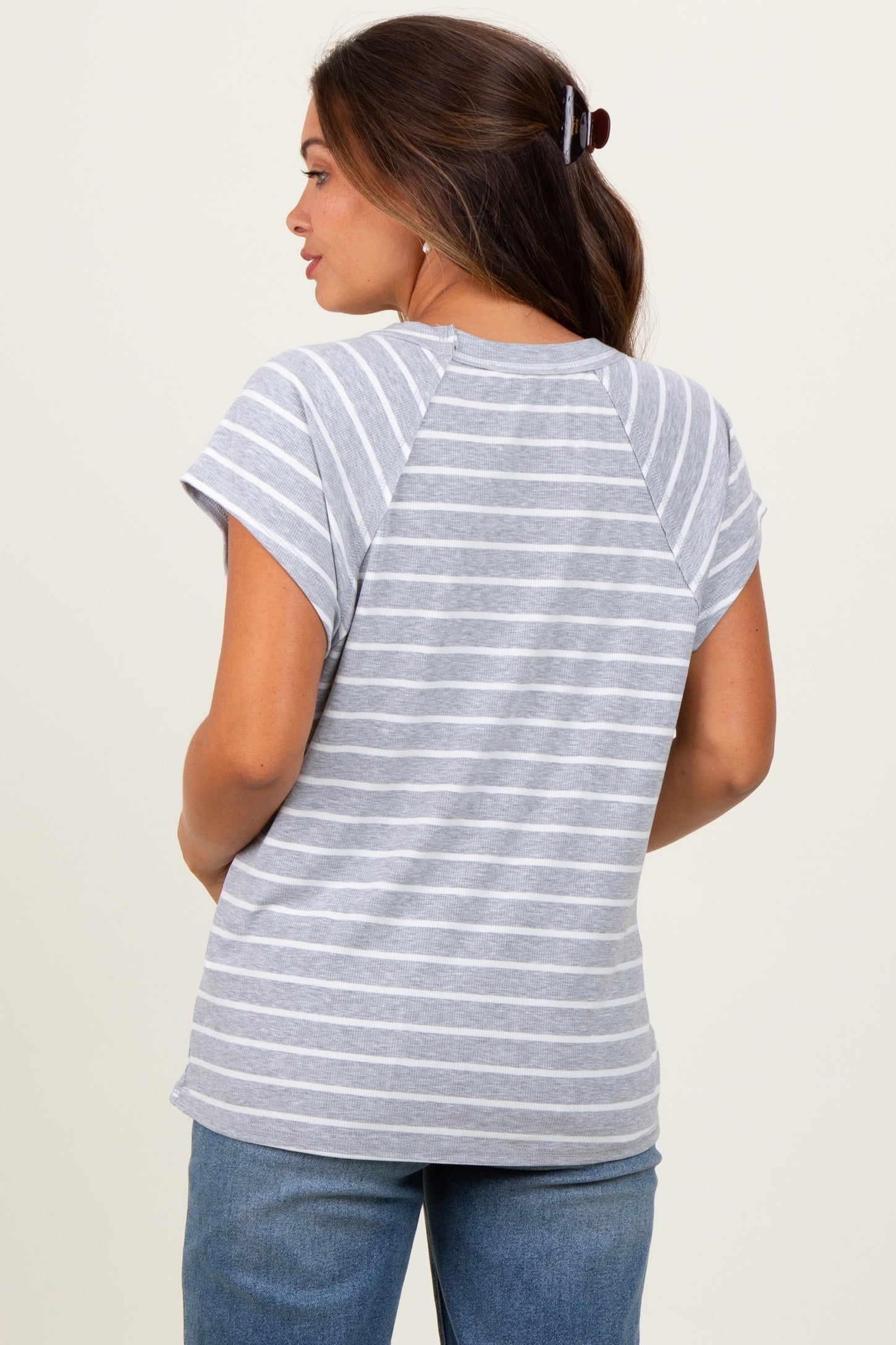 Heather Grey Stripe Ribbed Short Sleeve Maternity Tunic Top