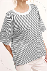 Black Striped Drop Shoulder Short Sleeve Top