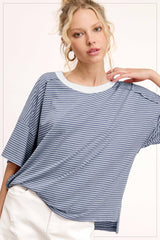 Light Navy Striped Drop Shoulder Short Sleeve Maternity Top