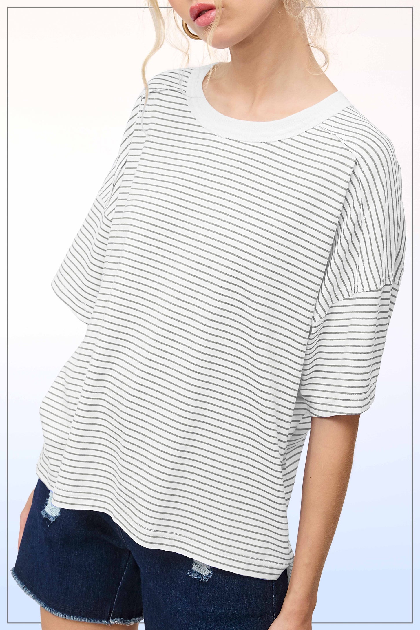 Heather Grey Striped Drop Shoulder Short Sleeve Top