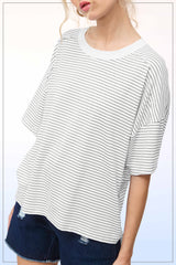 Heather Grey Striped Drop Shoulder Short Sleeve Top