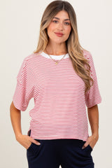 Red Striped Drop Shoulder Short Sleeve Maternity Top