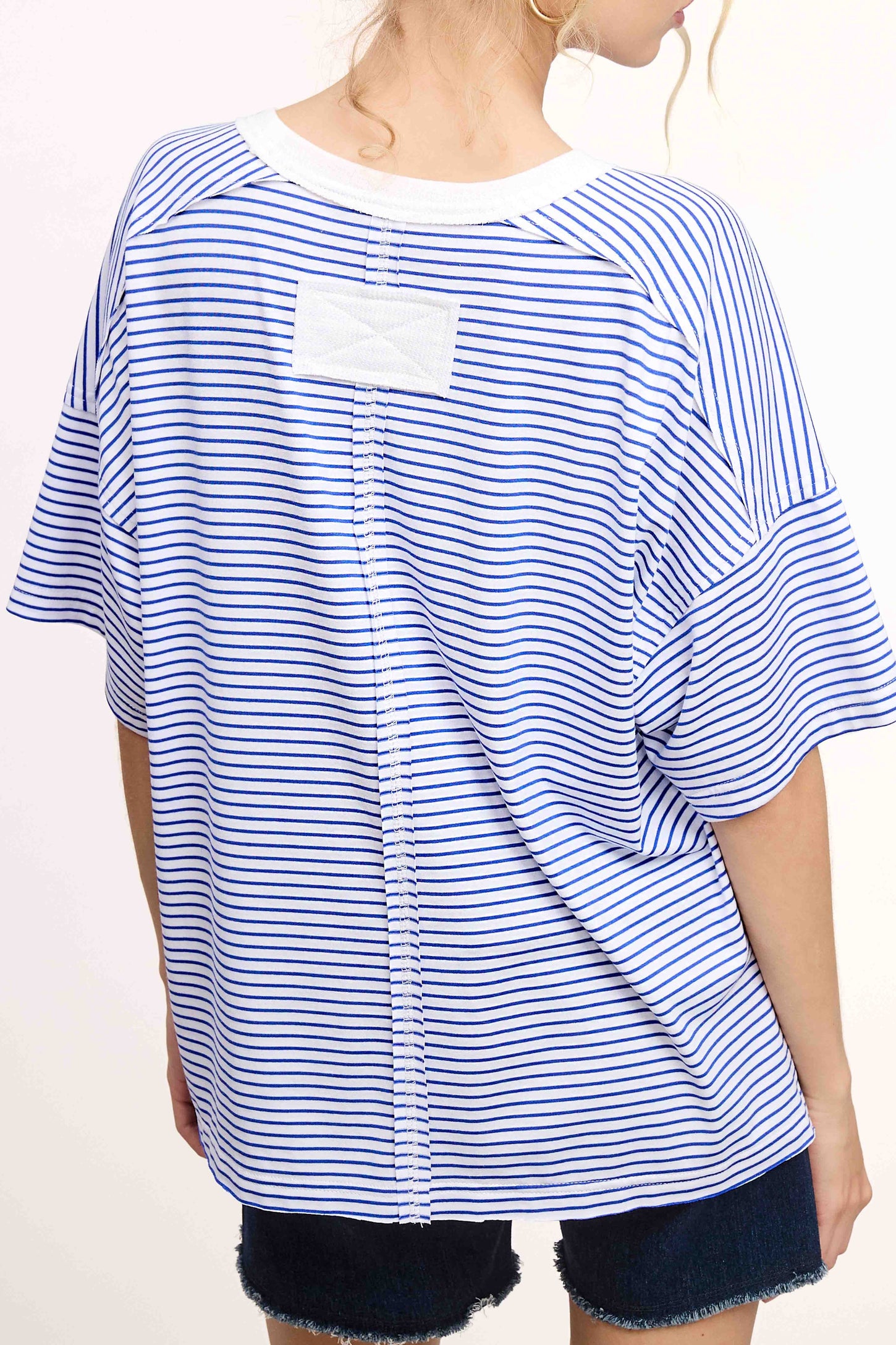 Royal Blue Striped Drop Shoulder Short Sleeve Top