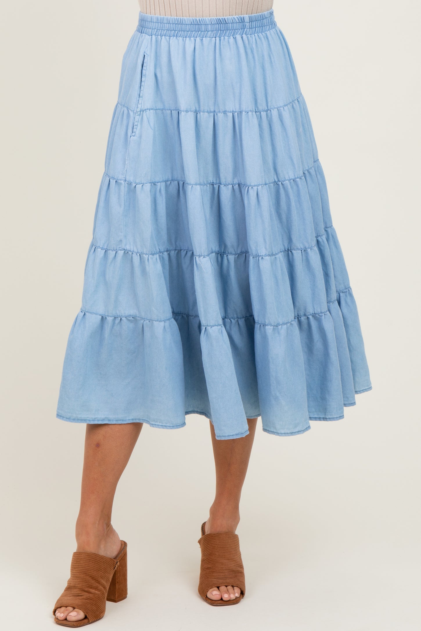 Light Blue Tiered Elastic Midi Skirt