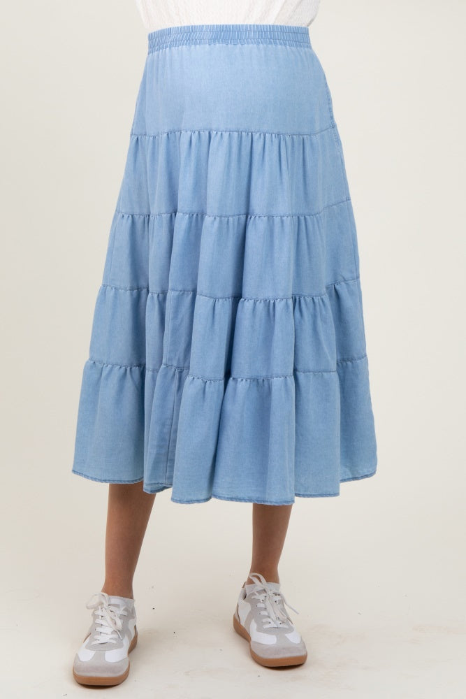 Light Blue Tiered Elastic Maternity Midi Skirt