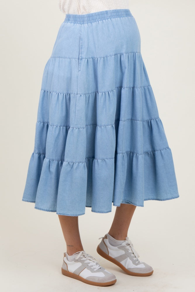 Light Blue Tiered Elastic Maternity Midi Skirt