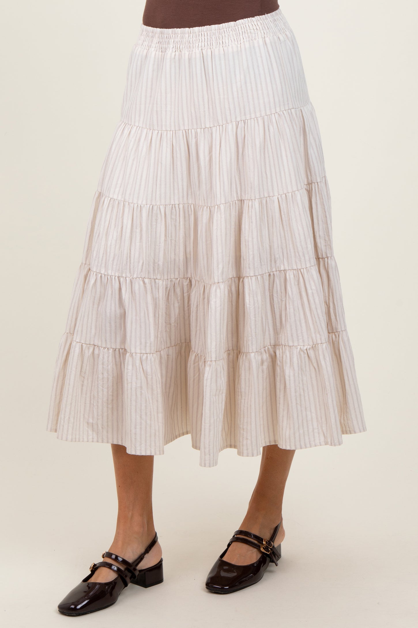 Ivory Striped Tiered Maxi Skirt