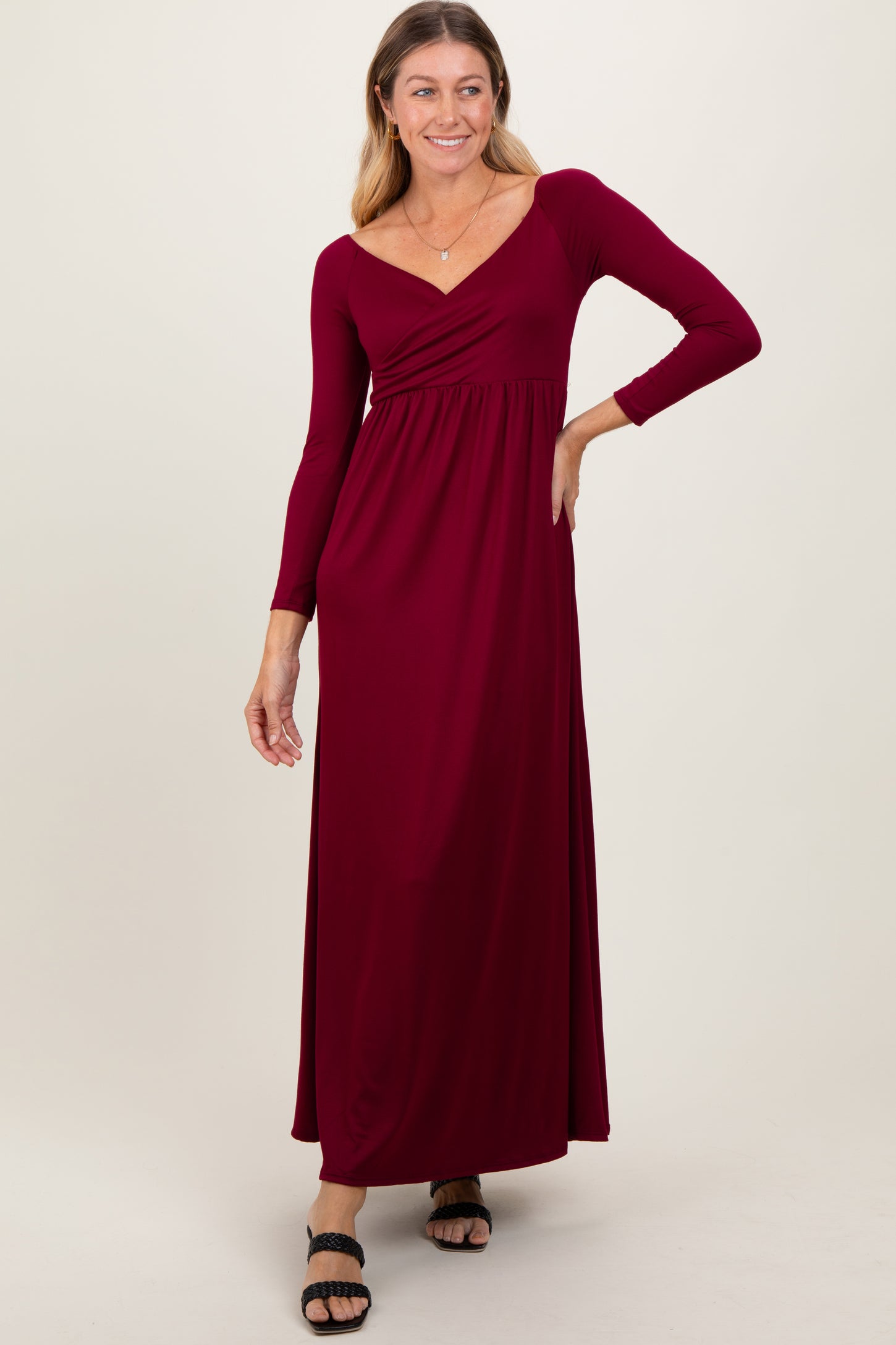 Burgundy Wrap Front Empire Waist Maternity Maxi Dress Burgundy Wrap Front Empire Waist Maternity Maxi Dress
