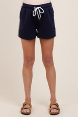 Navy Drawstring Chevron Embroidered Maternity Shorts
