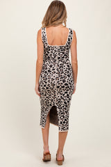 Multicolor Knit Sleeveless Leopard Print Maternity Midi Dress
