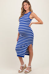 Royal Blue Striped Knit Sleeveless Side Slit Maternity Midi Dress