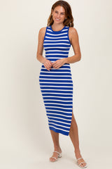 Royal Blue Striped Knit Sleeveless Side Slit Maternity Midi Dress