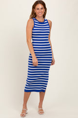 Royal Blue Striped Knit Sleeveless Side Slit Midi Dress
