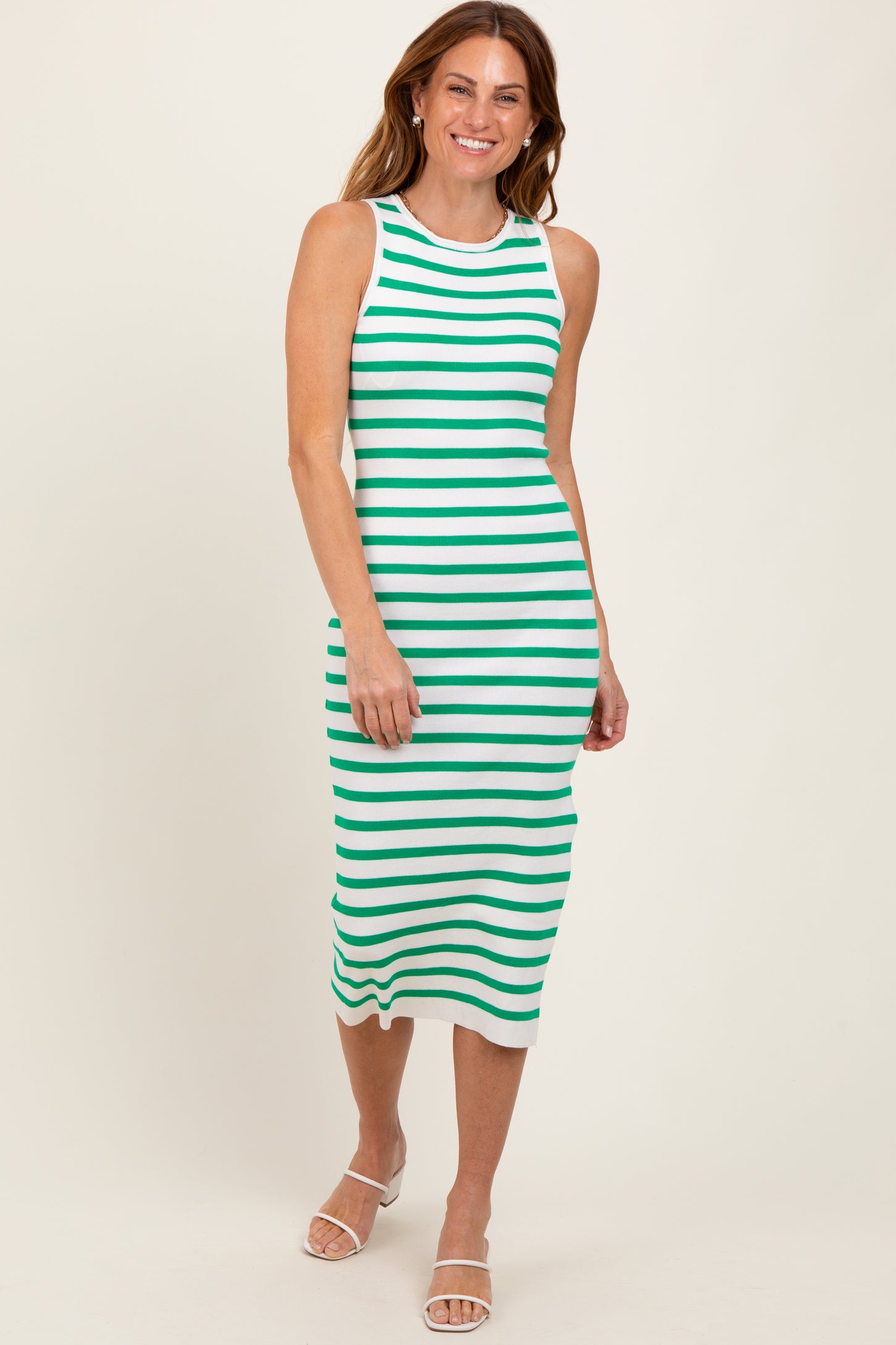 Green Striped Knit Sleeveless Side Slit Maternity Midi Dress