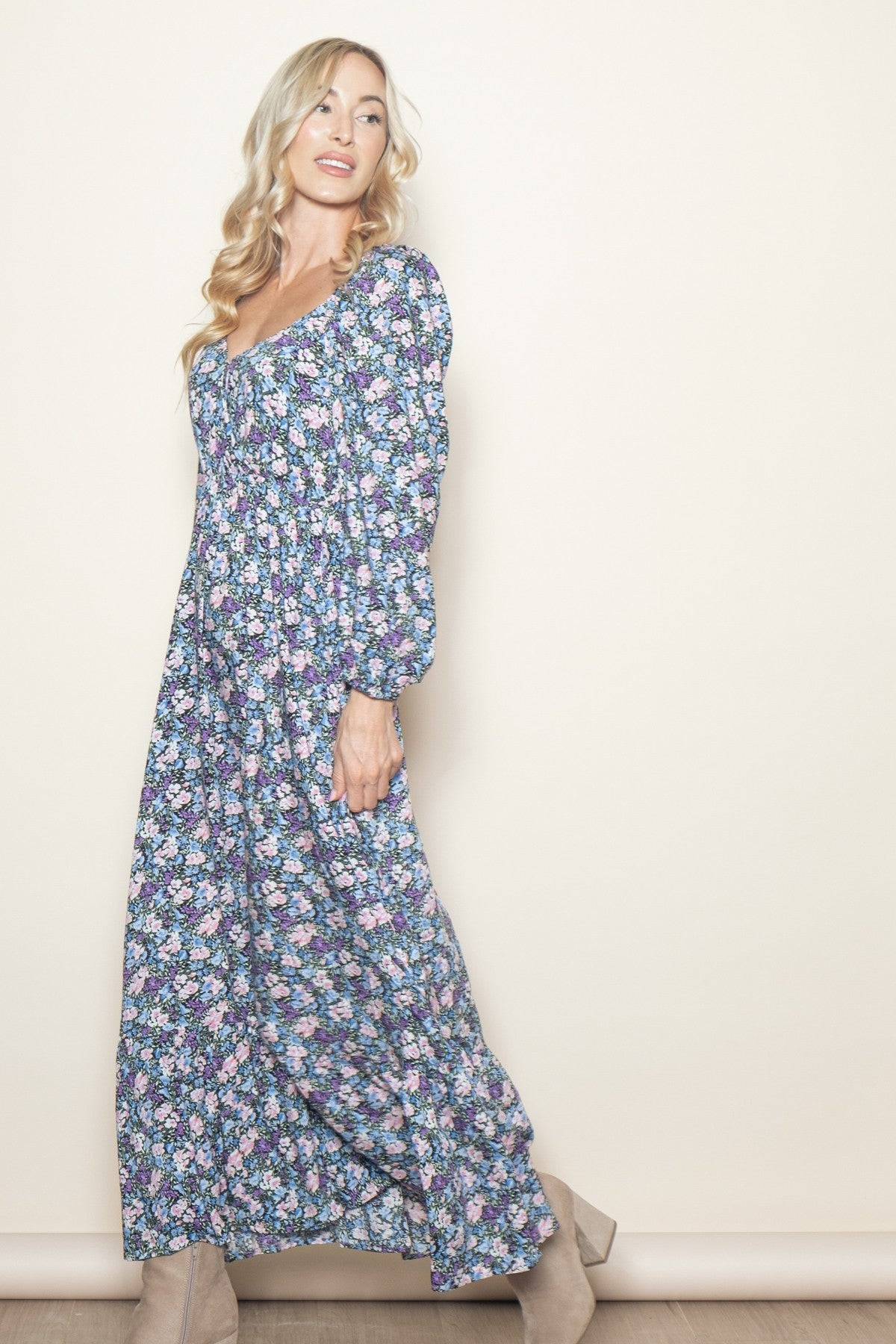 Blue Floral Reversible Long Sleeve Maxi Dress Blue Floral Reversible Long Sleeve Maxi Dress