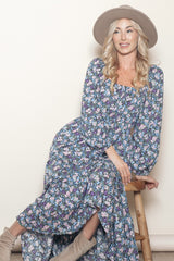 Blue Floral Reversible Long Sleeve Maxi Dress