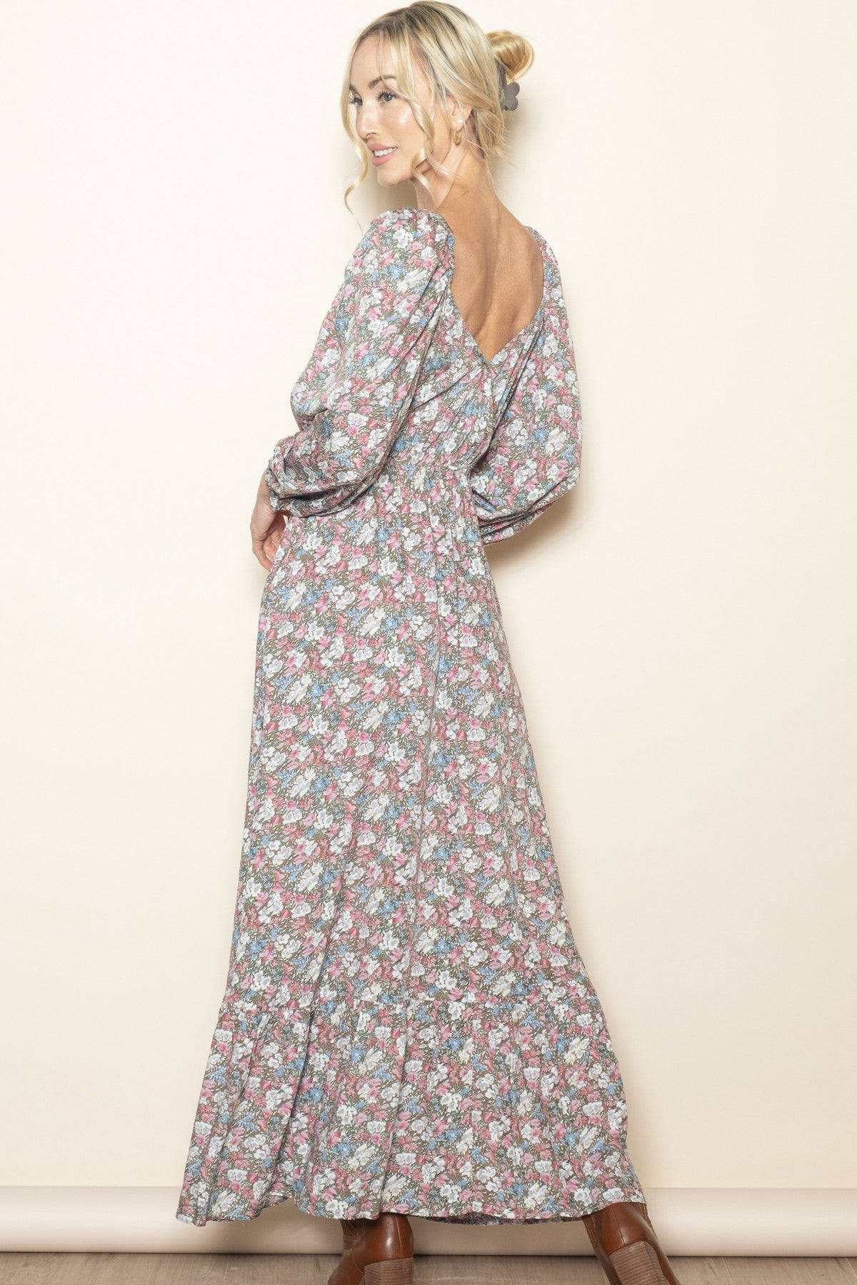 Pink Floral Reversible Long Sleeve Maxi Dress