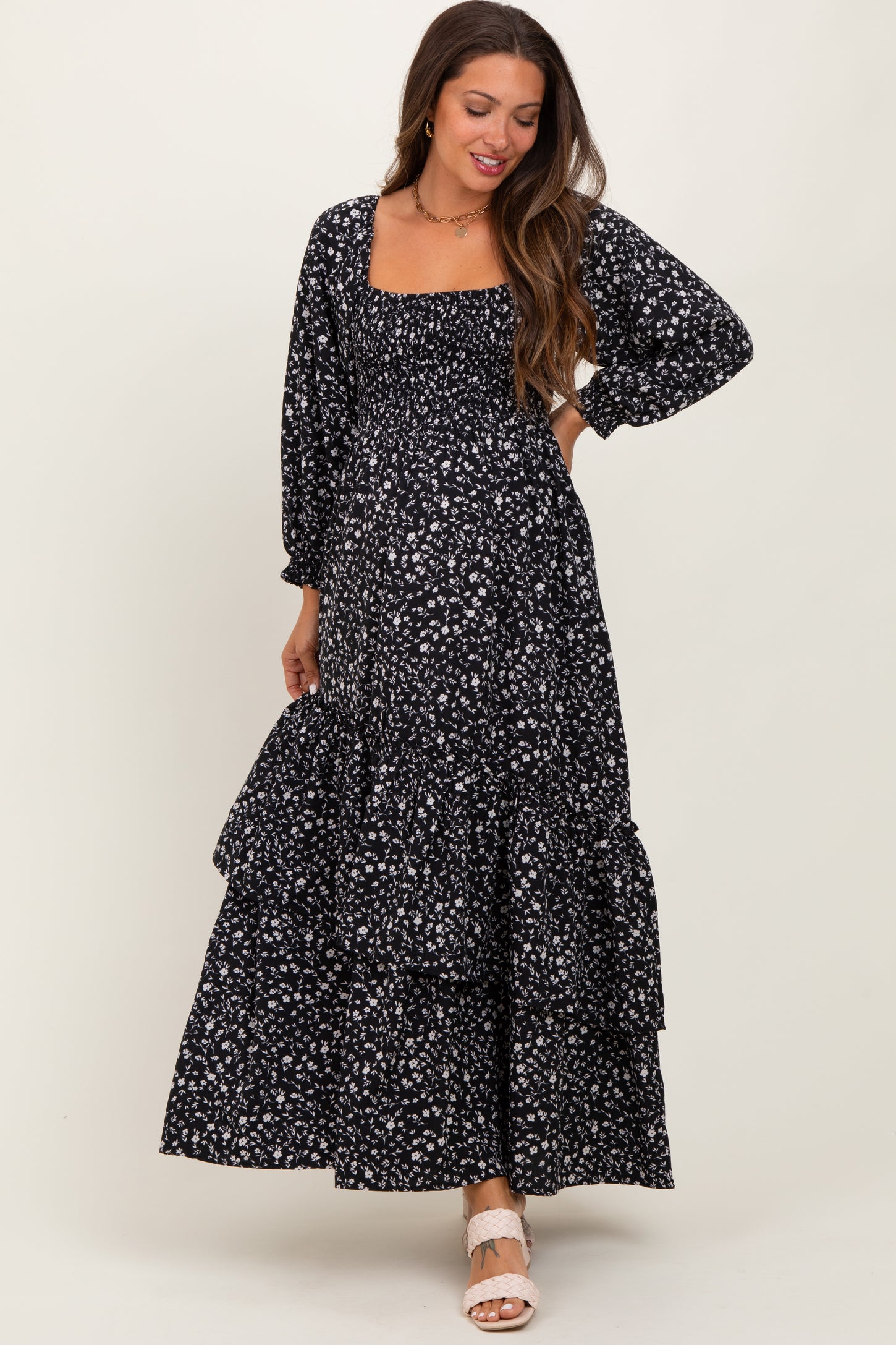 Black Floral Asymmetrical Ruffle Hem Maternity Maxi Dress