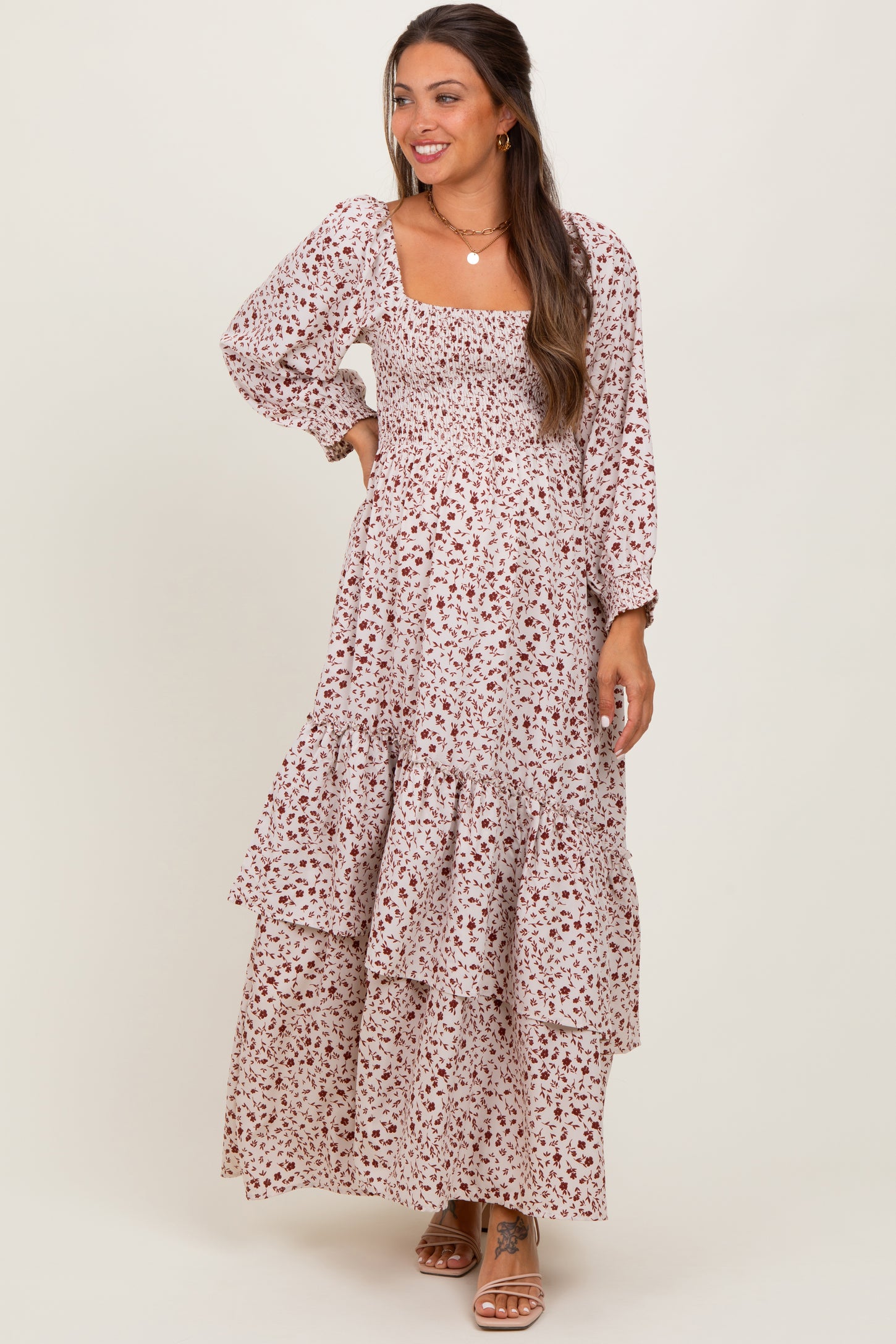 Cream Floral Asymmetrical Ruffle Hem Maternity Maxi Dress