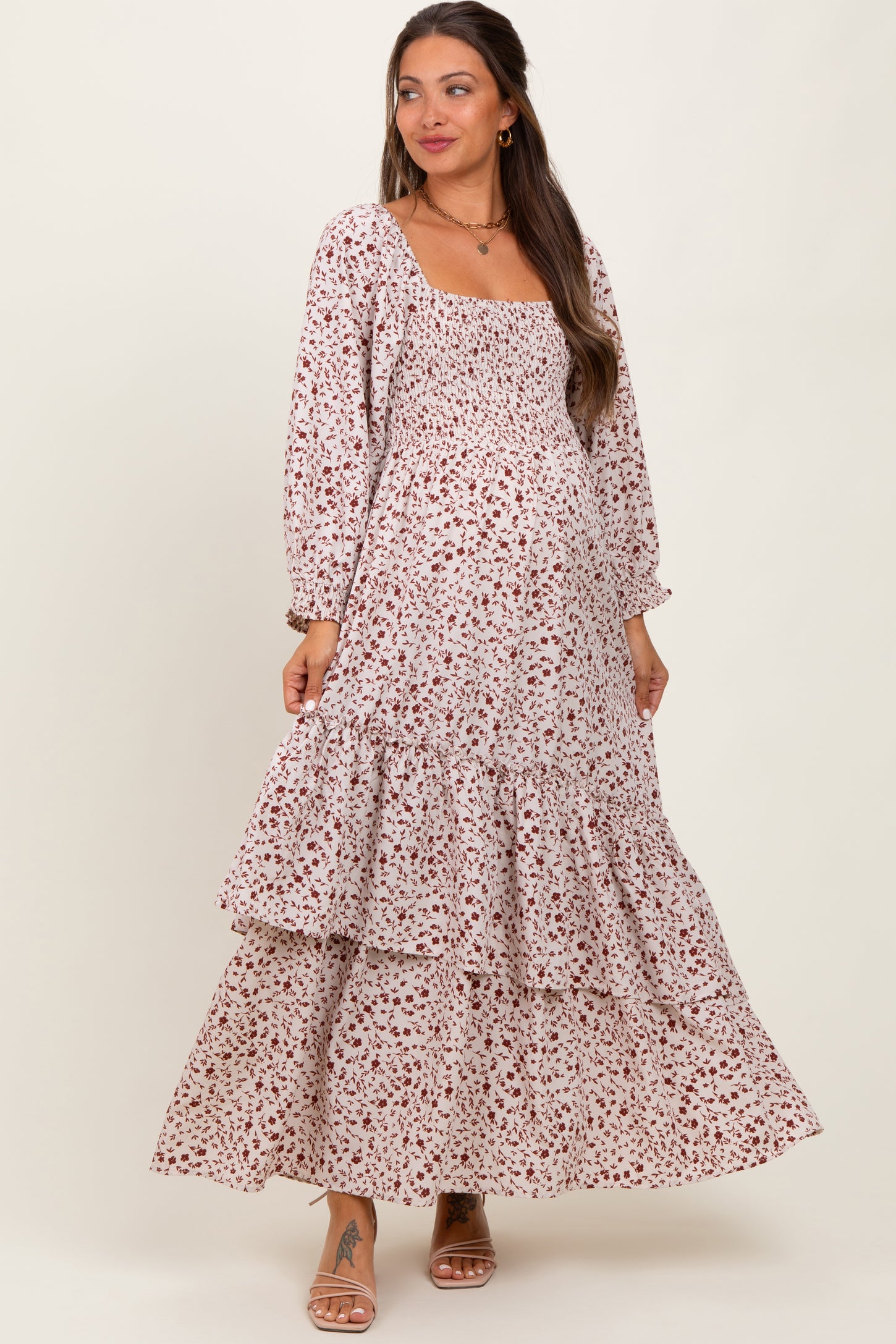 Cream Floral Asymmetrical Ruffle Hem Maternity Maxi Dress