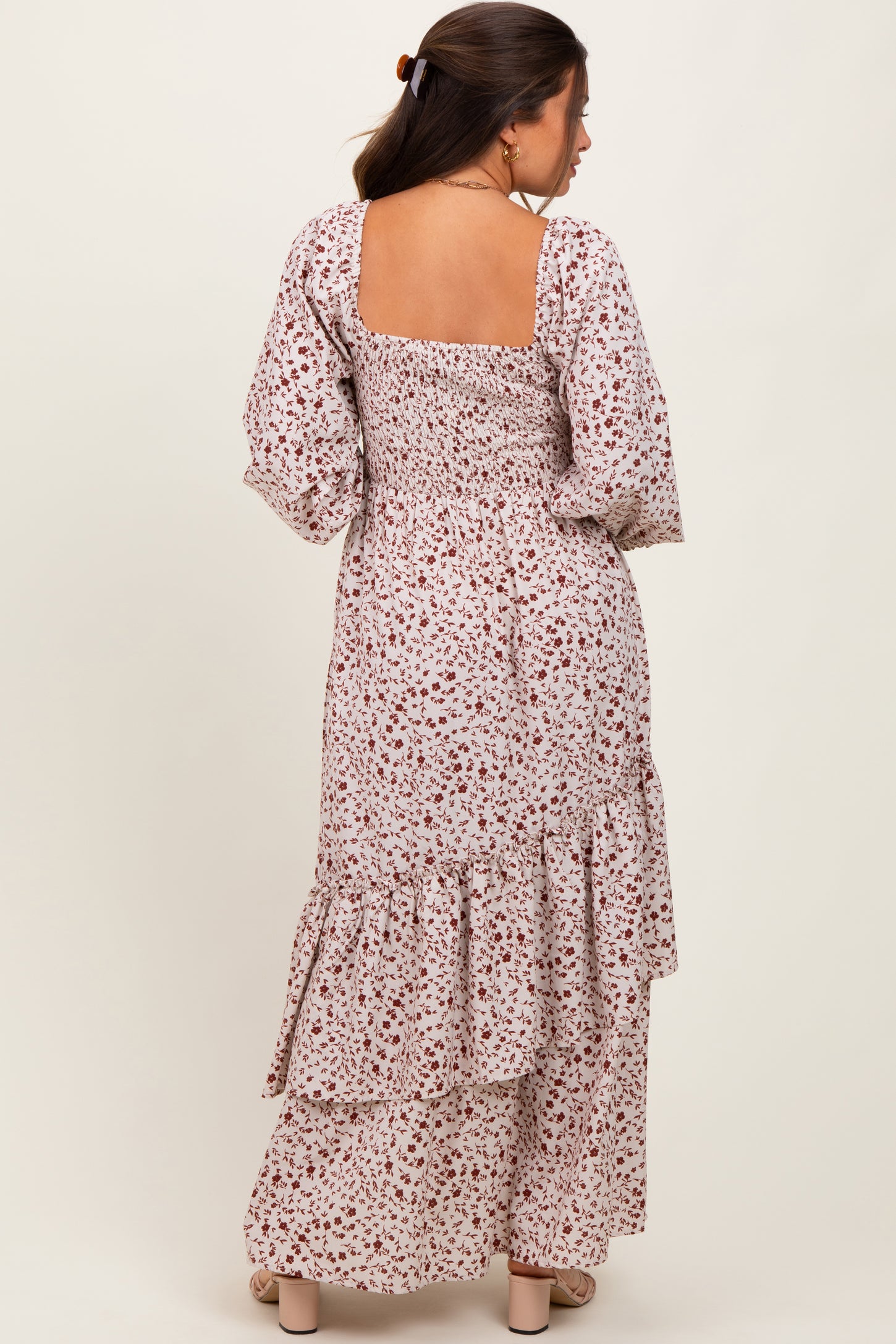 Cream Floral Asymmetrical Ruffle Hem Maternity Maxi Dress PinkBlush Cream Floral Asymmetrical Ruffle Hem Maternity Maxi Dress PinkBlush